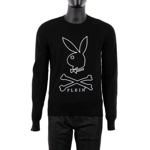 Slim fitted 100% Cashmere Sweater with a large embroidered Bunny Skull logo at the front and 'Playboy X Plein' logo at the back by PHILIPP PLEIN x PLAYBOY