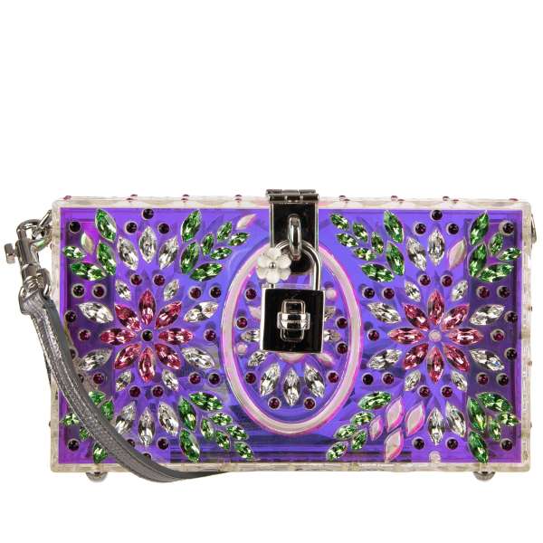 Unique metallic plexiglass clutch / evening bag DOLCE BOX with multicolor crystals and decorative padlock by DOLCE & GABBANA
