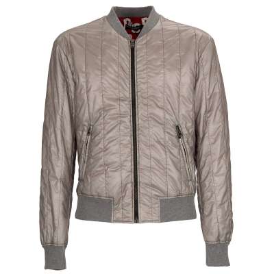 Quilted Waxed Nylon Bomber Jacket with Zip Pockets Silver Gray