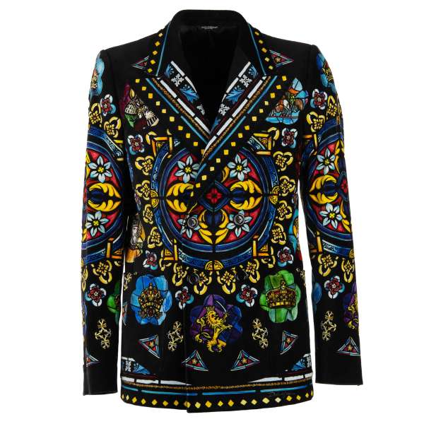 Double-Breasted vitrage crown king pattern velvet blazer in black, blue, red and yellow by DOLCE & GABBANA