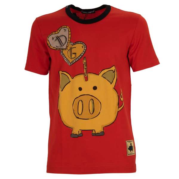 Printed cotton T-Shirt with Money Box Pig print and logo patch in front by DOLCE & GABBANA