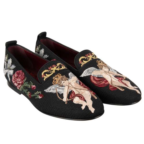 Baroque crown angel and flowers embroidered fabric loafer shoes YOUNG POPE in black by DOLCE & GABBANA