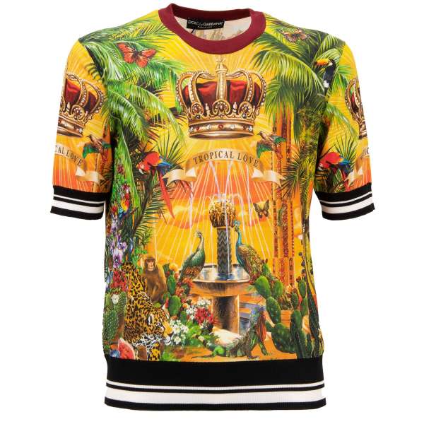  T-Shirt mit Tropical Tieren, Krone, Herz Print aus Seide in Gelb, Orange, Grün und Rot von DOLCE & GABBANA