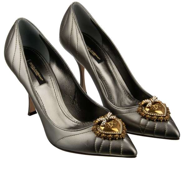 Leather Pumps DEVOTION CARDINALE with Pearl DG Heart Brooch in silver green by DOLCE & GABBANA