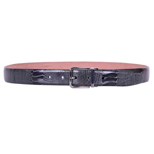 Ostrich leather belt with shiny removable roller buckle in silver by DOLCE & GABBANA