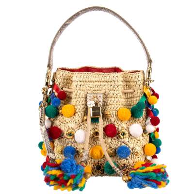 Raffia Bucket Bag CLAUDIA with PomPoms Beige Red