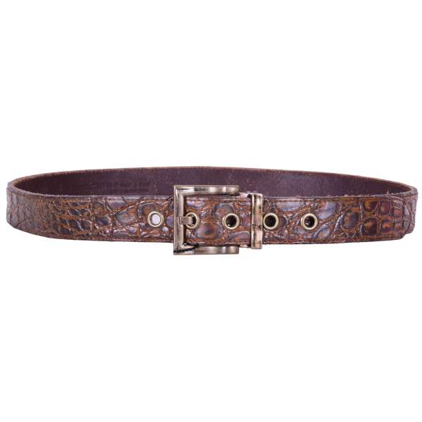 Caiman Leather belt with destroyed / vintage design and removable metal buckle in brown by DOLCE & GABBANA