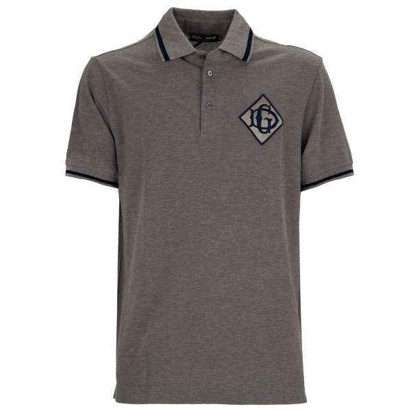 Cotton Polo Shirt with silk DG embroidered Logo in gray by DOLCE & GABBANA