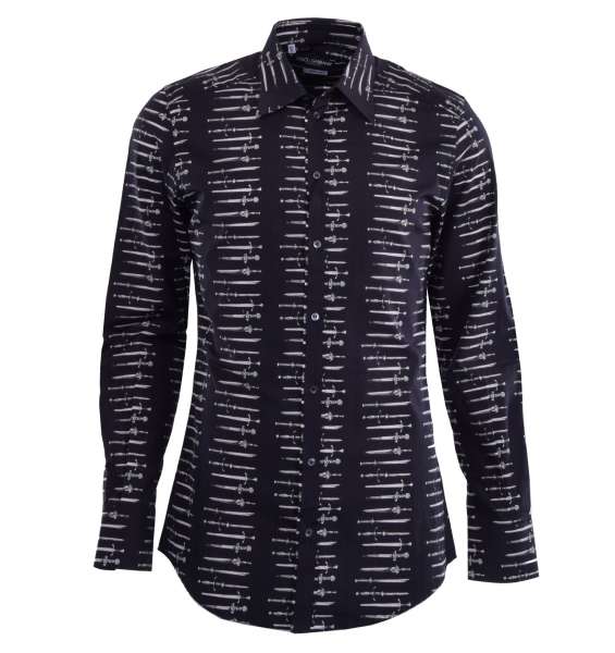 Swords printed cotton shirt with long collar by DOLCE & GABBANA Black Label- GOLD Line