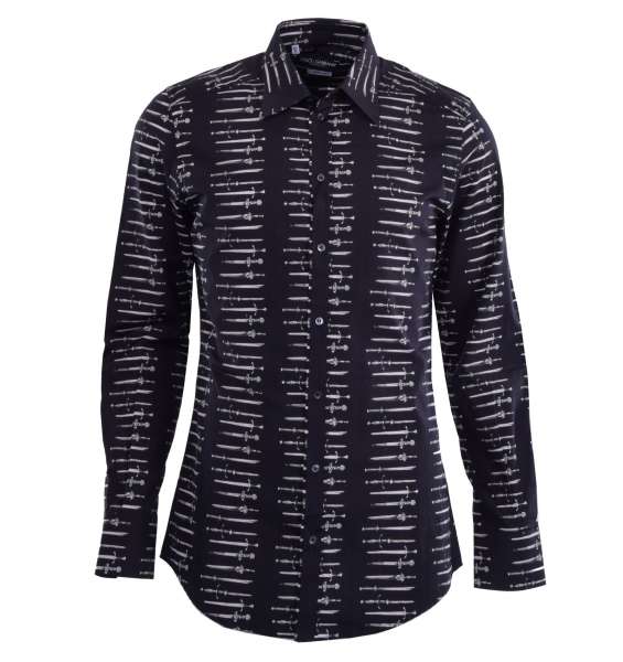 Swords printed cotton shirt with long collar by DOLCE & GABBANA Black Label- GOLD Line