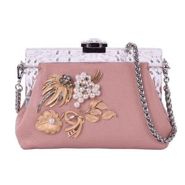 Pearls, rhinestones and brooches applications embellished nappa leather clutch / evening bag VANDA by DOLCE & GABBANA Black Label