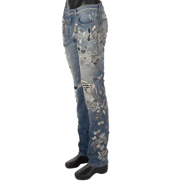 Distressed straight cut 5-pockets Jeans with crystal flowers embroidery in light blue by DOLCE & GABBANA