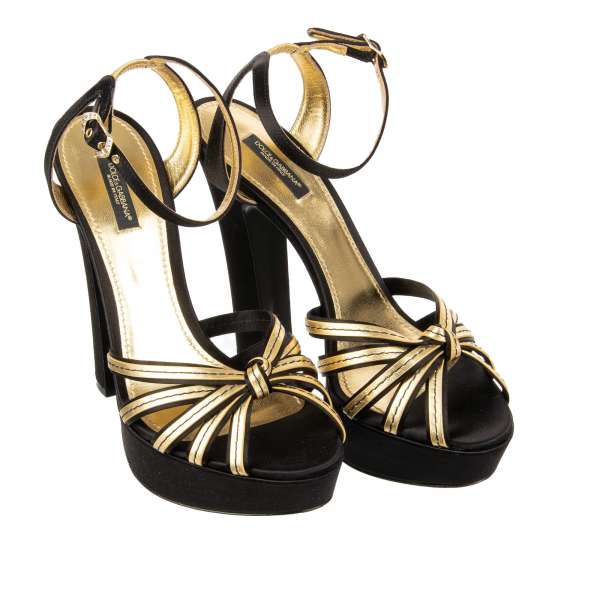 Leather and Silk Platform Sandals BIANCA with crystal buckle in black and gold by DOLCE & GABBANA