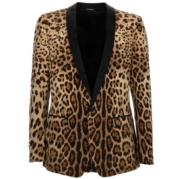 Leopard pattern blazer / jacket made of silk with shawl lapel in brown and black by DOLCE & GABBANA