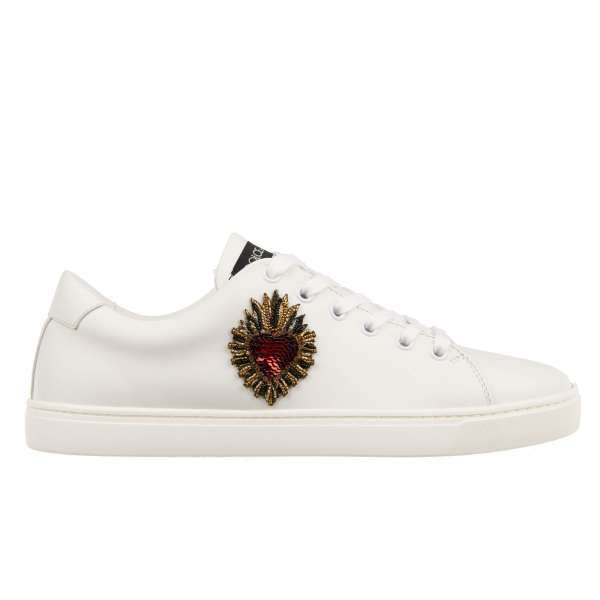 Leather Sneaker LONDON with crystals and pearls Heart embroidery in white by DOLCE & GABBANA