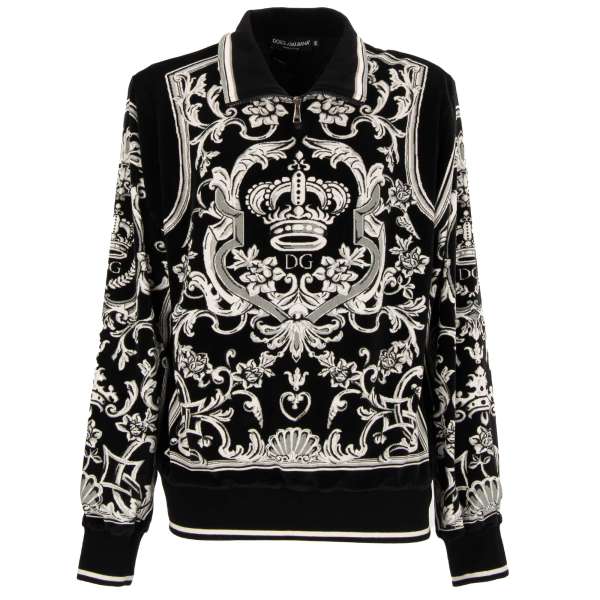 Velvet sweater / sweatshirt with DG Heraldry, logo and crown print, knitted details, logo plate and zip closure by DOLCE & GABBANA
