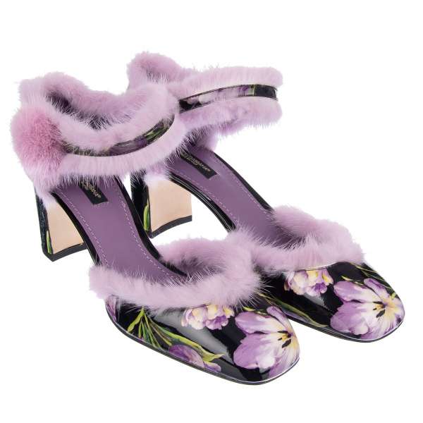 Tulip printed Mary Jane Pumps JACKIE made of patent leather and mink fur by DOLCE & GABBANA
