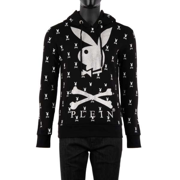 Hooded Sweater / Hoody with a all-over skull bunny PLEIN Logo print in white and large crystal logo at the front and embroidered 'PLAYBOY' lettering at the back by PHILIPP PLEIN x PLAYBOY