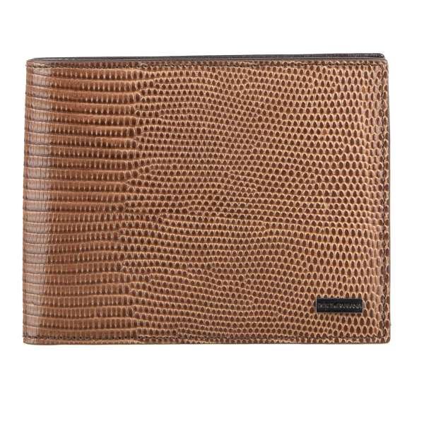 Lizard textured leather wallet with DG metal logo plate and coins pocket in brown by DOLCE & GABBANA