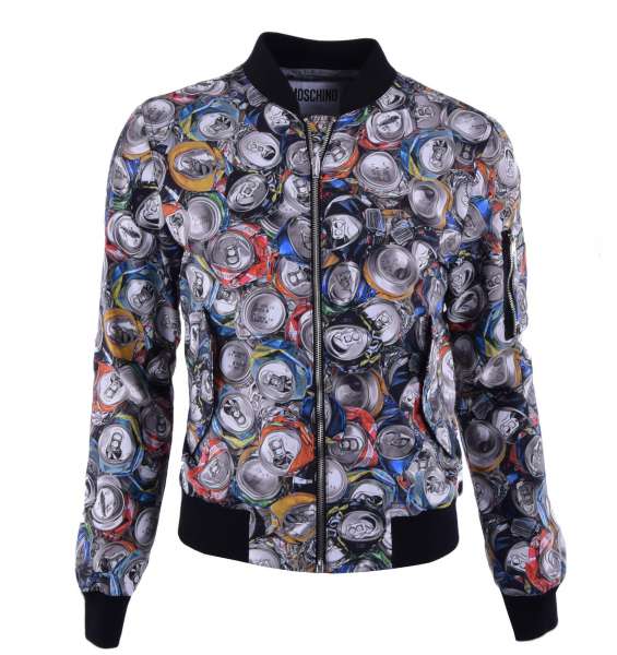 Nylon Bomber Jacket with beverage cans print by MOSCHINO COUTURE