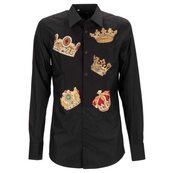 Baumwolle Hemd mit Barock Krone Stickerei und Kristall Knöpfen in schwarz von DOLCE & GABBANA - GOLD Line