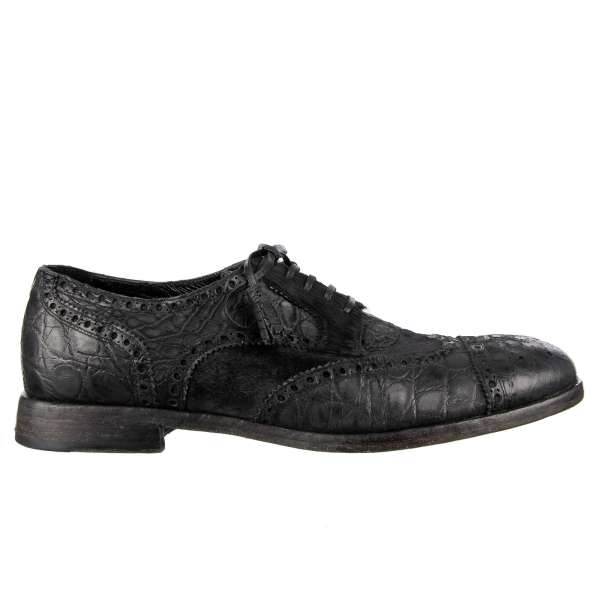 Exclusive patchwork Caiman leather and fur derby shoes in black by DOLCE & GABBANA