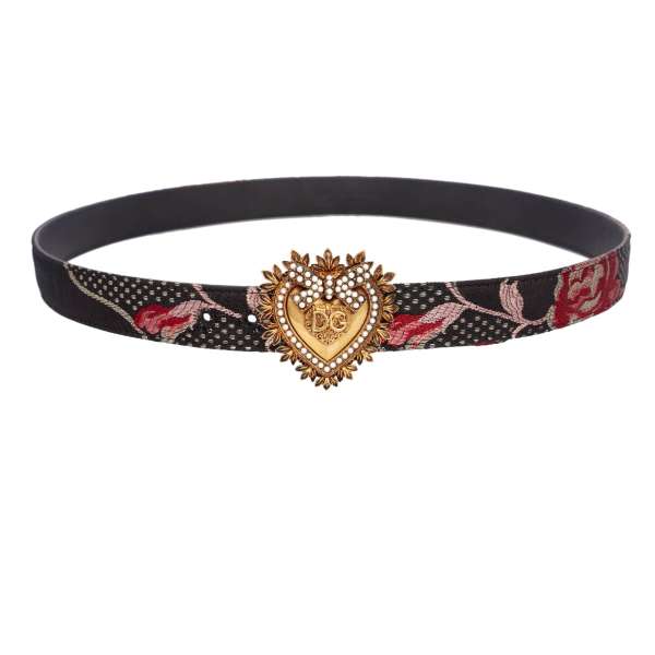 DEVOTION Floral jacquard and leather Belt embellished with Pearl Metal Heart in black, pink and gold by DOLCE & GABBANA 
