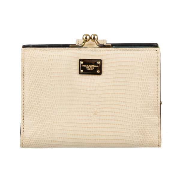 Lizard textured Leather  wallet with snap closure, coins pocket and logo plate in beige by DOLCE & GABBANA