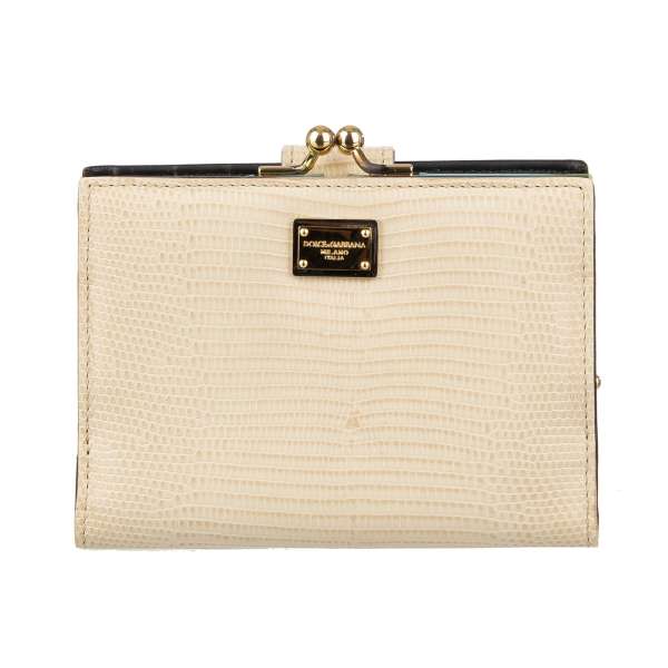 Portemonnaie / Geldbörse aus Leder mit Eidechse Textur mit Münzfach und Logo Schild in Beige von DOLCE & GABBANA 