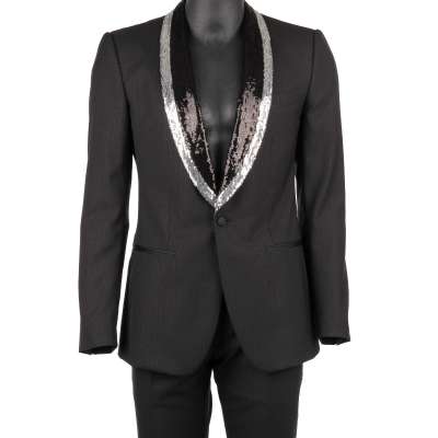 Sequin Embroidered Wool Silk Suit SICILIA Silver Black