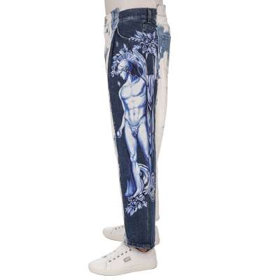 5-Pockets Griechisch Statue Bild Jeans Hose Loose Oversize Fit Blau Weiß 48 M  