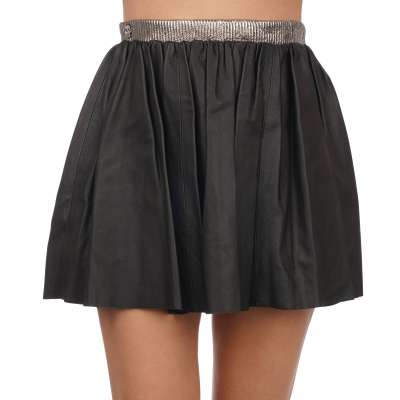 Swing Crystal Skull Mini Leather Skirt Black Silver S