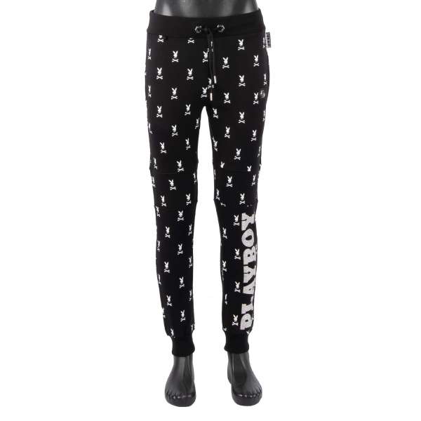 Sport / Jogging Trousers with all-over skull bunny print, Crystals PLAYBOY X PLEIN lettering and logo plaque at the front by PHILIPP PLEIN x PLAYBOY