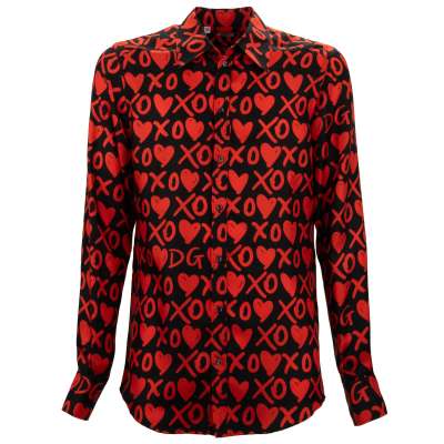 Heart XO Print Silk Shirt MARTINI Red Black