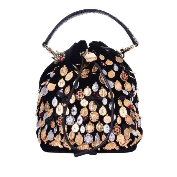 Velvet bucket tote bag CLAUDIA embellished with many crystals and coins pendant, decorative padlock and drawstrong closure by DOLCE & GABBANA