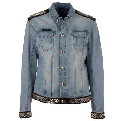 Denim Jacke USED mit Metall und Leder Applikationen und Logo Crystal Blau L
