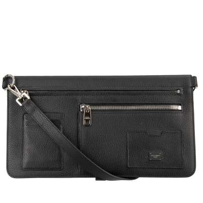 Foldable Dauphine Leather Crossbody Business Bag with Pockets Black