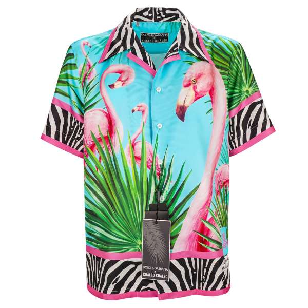 Special Edition DJ Khaled Kurzarm Hemd aus Seide mit Flamingo und Zebra Print von DOLCE & GABBANA x DJ KHALED