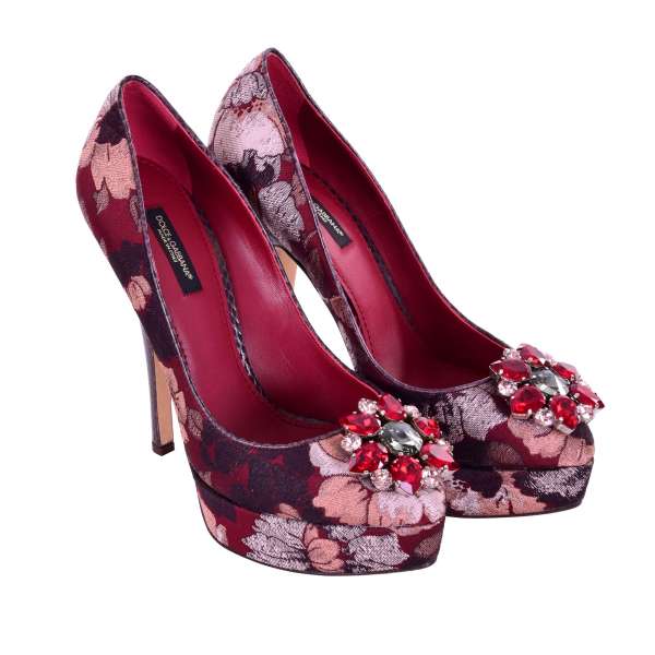 Blumen Brokat Plateau Pumps COCO mit Schlangenleder Absatz und Kristallen Blumen Brosche in rot und braun von DOLCE & GABBANA Black Label