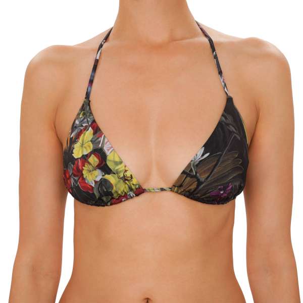 Floral Primted Triangle Bikini Top with drawstring closure by ROBERTO CAVALLI Beachwear