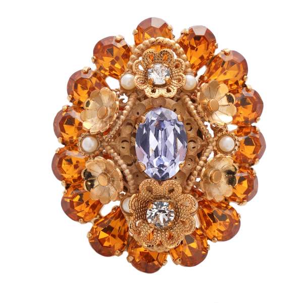 Baroque Clip Earrings with pearls and crystals in orange, purple and gold by DOLCE & GABBANA