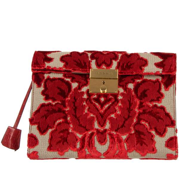 Unisex floral clutch bag CLEO made of Velvet Brocade and Caiman Leather with a key lock by DOLCE & GABBANA