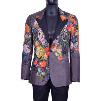 Blazer mit Blumen Print aus Seide und Wolle Grau