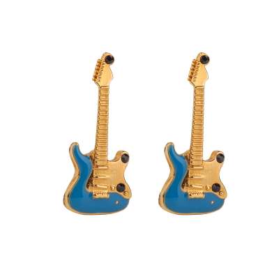 Guitar Metal Cufflinks Enamel Gold Blue