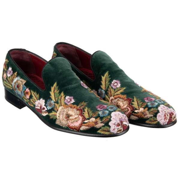 Velvet Loafer MILANO with handmade flowers embroidery by DOLCE & GABBANA Alta Sartoria