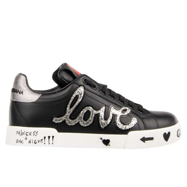 Leather Sneaker PORTOFINO with DG LOVE Logo, glitter patch and graffiti on the sole in black and white by DOLCE & GABBANA