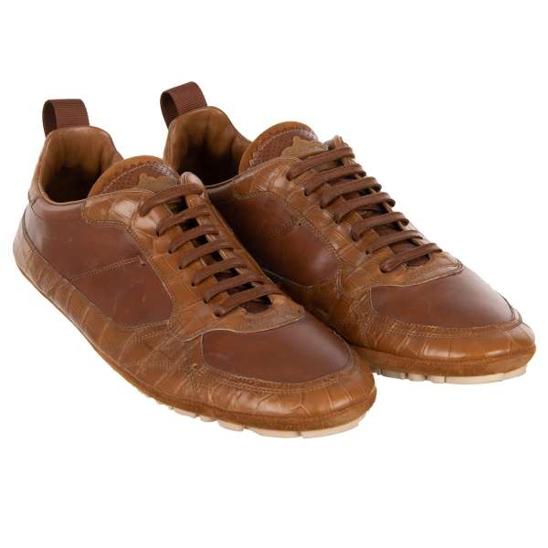 Low-Top Crocodile leather mix Sneaker KING DRIVER with Crown logo in light brown by DOLCE & GABBANA