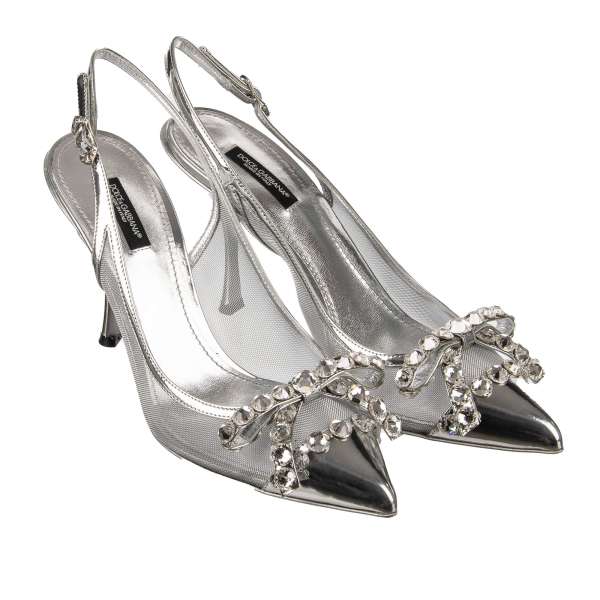 Pointed Net and Leather Slingbacks Pumps LORI with crystal embellished bow in silver by DOLCE & GABBANA