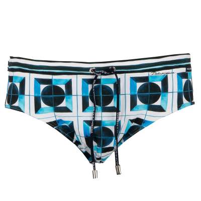 Beachwear Swim Brief Trunks with Gio Ponti Inspired Print Blue White 7 2XL