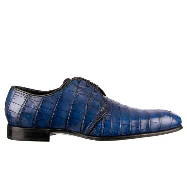 Sehr exklusive und seltene, elegante Derby Schuhe PORTOFINO aus Krokodilleder in Blau von DOLCE & GABBANA